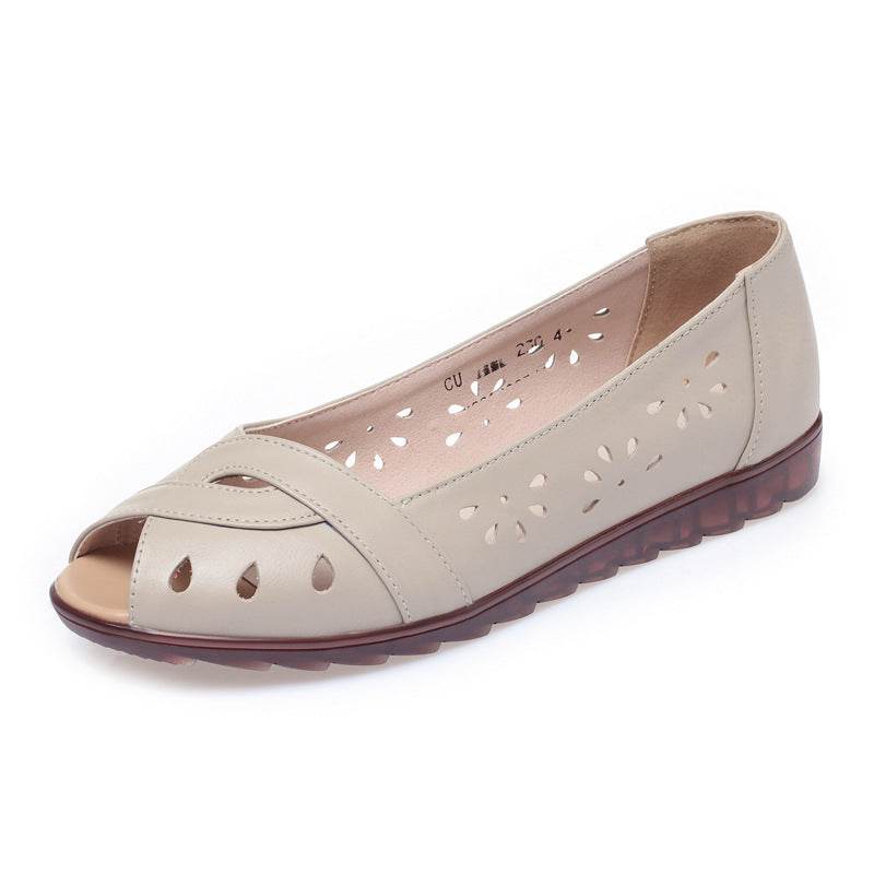 Peep Toe Sandals Women's Flat Bottom Comfort Leather Soft Bottom - Mubimart