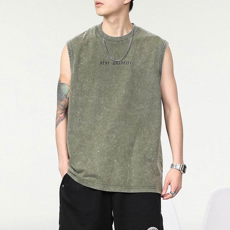 Summer Retro Washed Cotton Tank Top Vest For Men - Mubimart