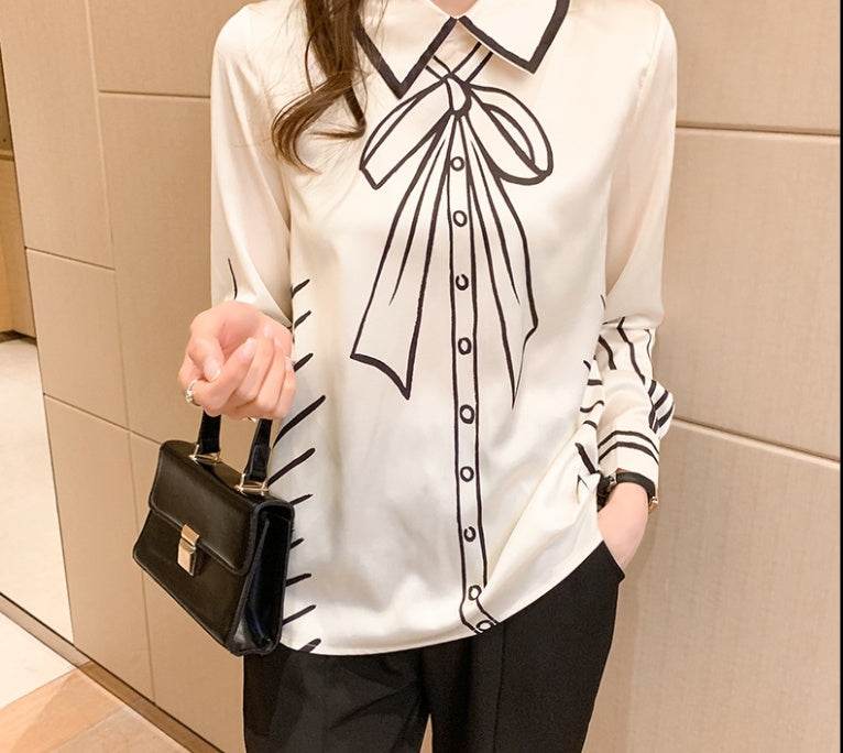 Silk Blouse Women Fake Bow-knot Printing Blouse Satin Silk Long-sleeved Shirt - Mubimart
