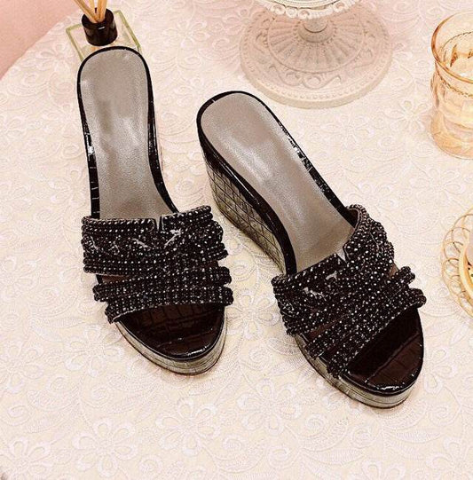 Fashion Wedge Heel Shiny Rhinestone Slippers - Mubimart