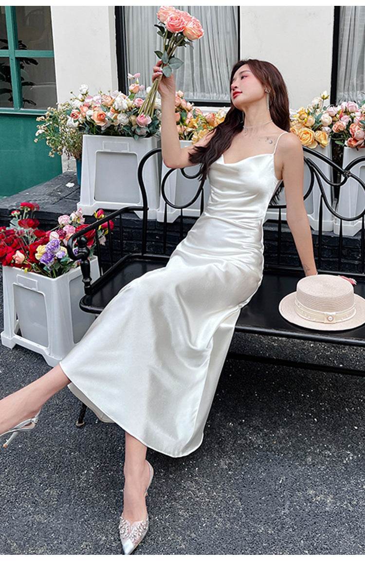 Acetate Strap Fairy Satin Sleeveless Dress Formal Dress - Mubimart