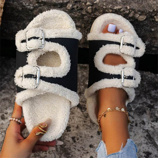 Autumn Winter Slipper Thick Sole Buckle Lamb Swool Slippers For Women Outdoor Gardern Indoor Lazy Plush Shoes - Mubimart