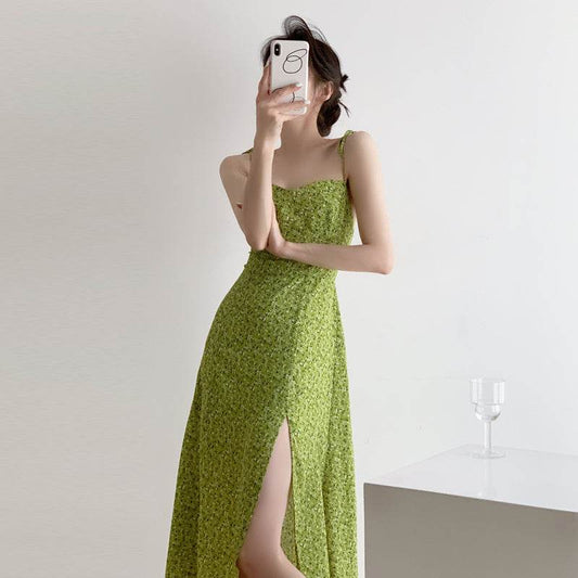 Women's Temperament Retro Print Slip Dress - Mubimart