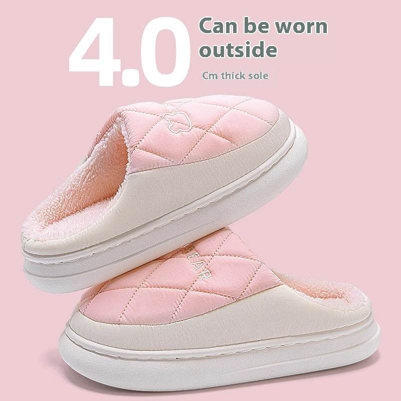 Rhombic Sewing Plush Slippers For Men Winter Warm Non-slip House Shoes Women's Bedroom Floor Home Slipper Couple - Mubimart