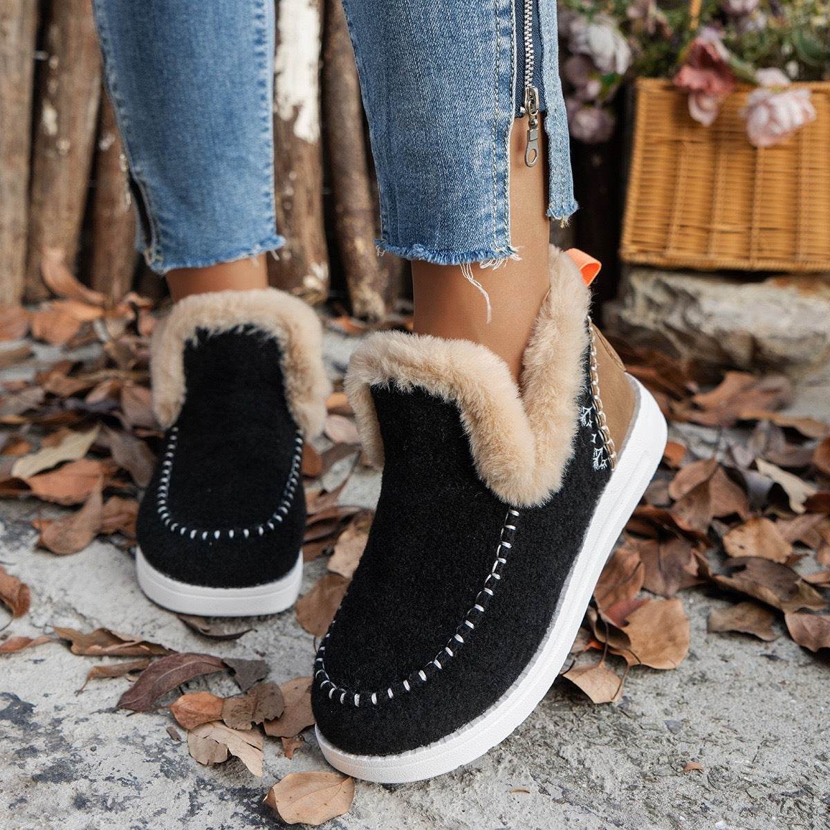 Fleece-lined Thick Plush Boots Warm Sewing Flat Cotton Shoes Winter Ankle Boot - Mubimart