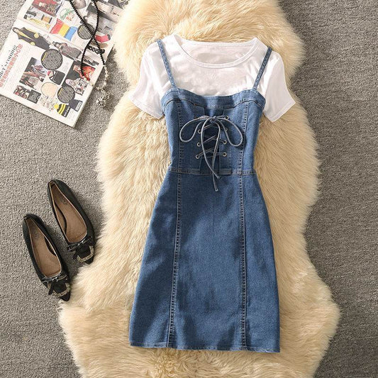 Summer Clothing Denim Braces Skirt Waist Trimming Lace Up Small Size Dress Suit - Mubimart