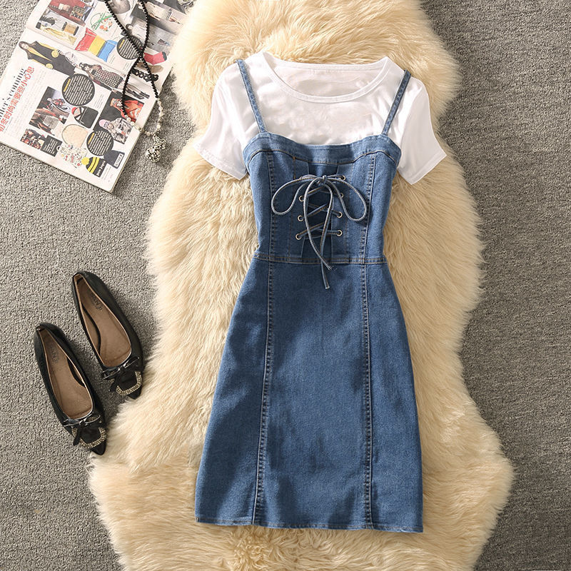 Summer Clothing Denim Braces Skirt Waist Trimming Lace Up Small Size Dress Suit - Mubimart - Denim Dress 