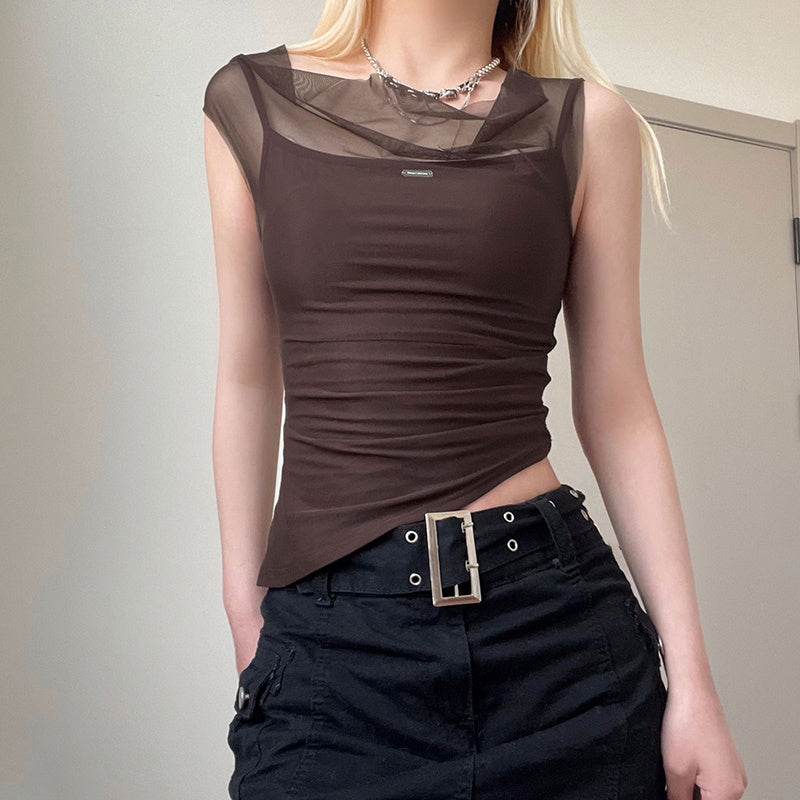 Mesh Spliced Irregular Strap Tank Top For Women - Mubimart
