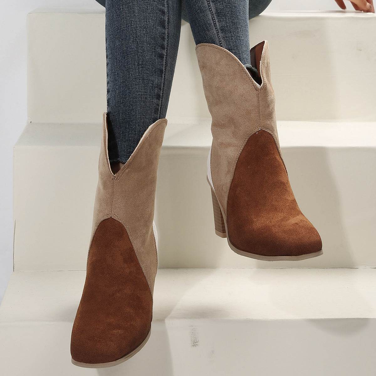 Fashion Splicing Suede Boots Retro Pointed-toe Square High Heel Mid-calf Boots For Women Fall And Winter Shoes - Mubimart