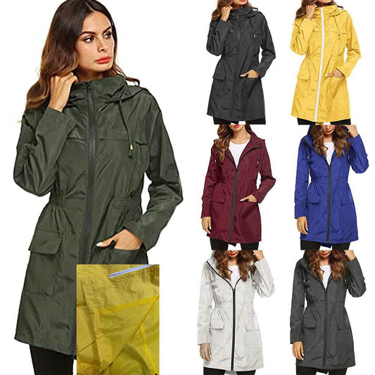 Women's Waist Hooded Raincoat Raincoat Mid-length Trench Coat - Mubimart