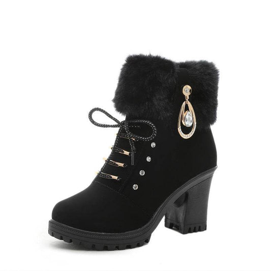Plush Martin Boots With Lace Up High Heels - Mubimart