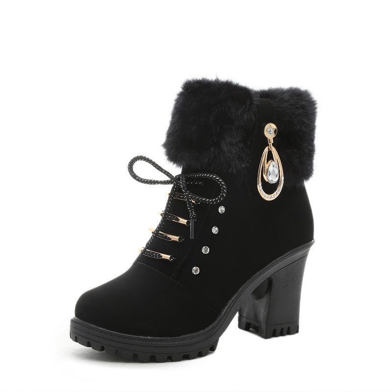 Plush Martin Boots With Lace Up High Heels