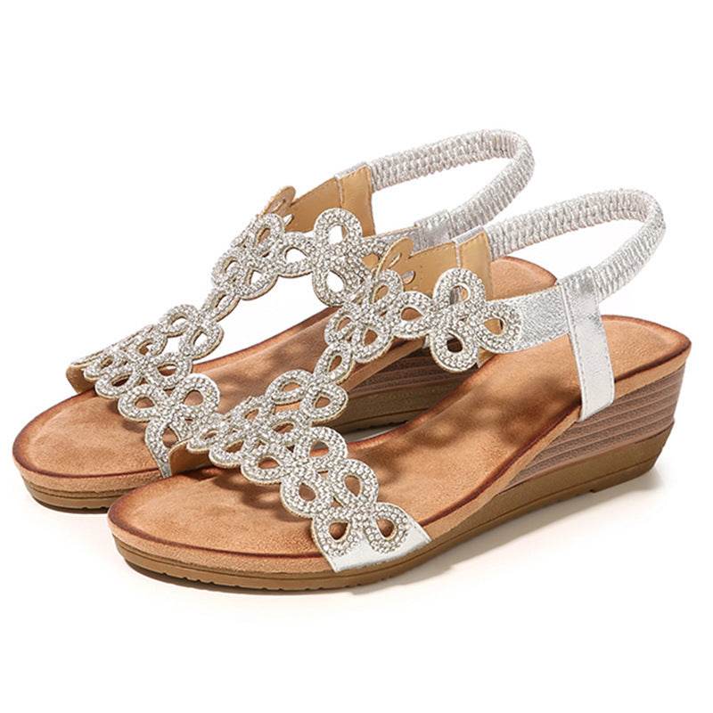 Rhinestone Bohemian Wedge Sandals - Mubimart