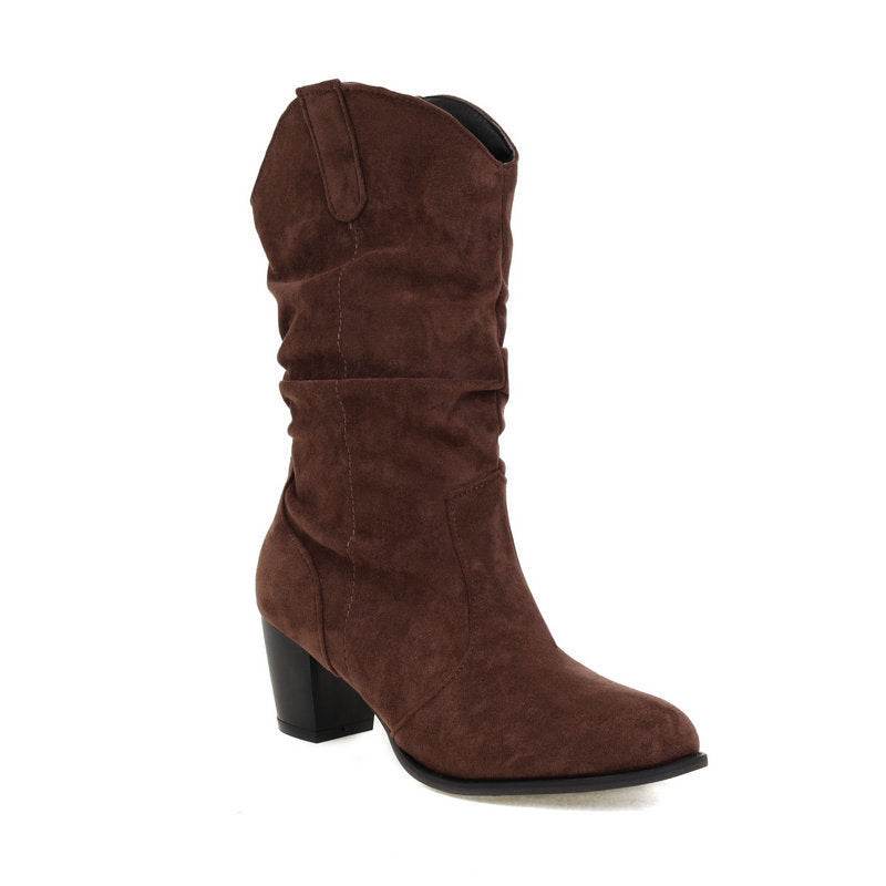 Chunky Heel High Heel Frosted Mid-calf Boots For Women - Mubimart