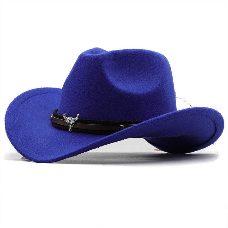Metal Bull Head Label Western Denim Top Woolen Fedora Hat - Mubimart
