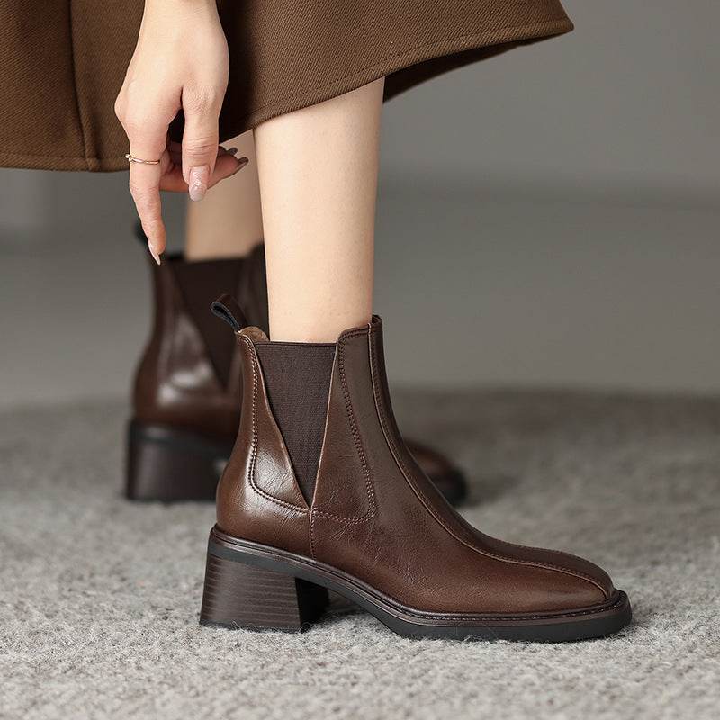 Fashionable Chunky Heel Square Toe Martin Boots - Mubimart