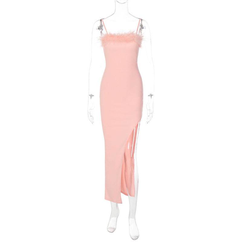 Women's New Fur Trim Slip Dress - Mubimart