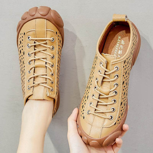 Leather Hollow Rubber Sole 3cm Comfort Shoes - Mubimart