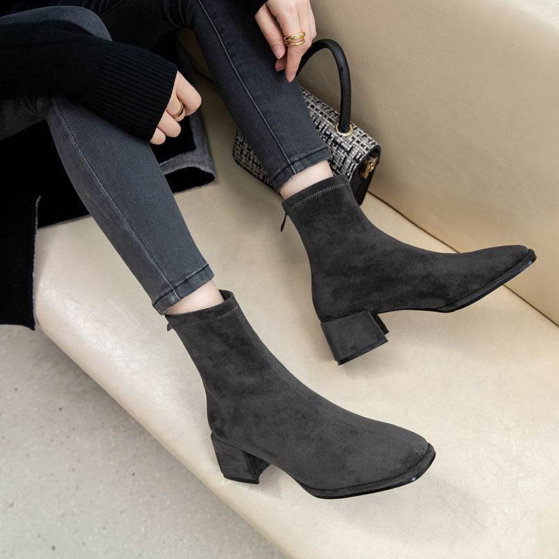 Women's Square Toe Thick Heel Stretch Short Boots - Mubimart