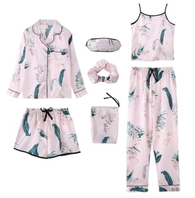 Simulated Silk Striped Seven-piece Loungewear - Mubimart