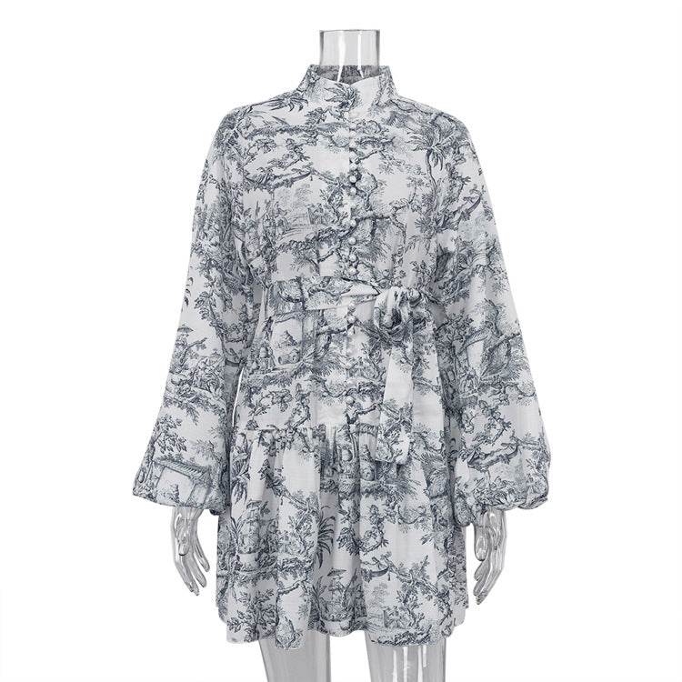 Ink Print Long Sleeve Short Dress With Fashion Puffy Sleeve Lapel Tie A-Line Dress Clothing - Mubimart