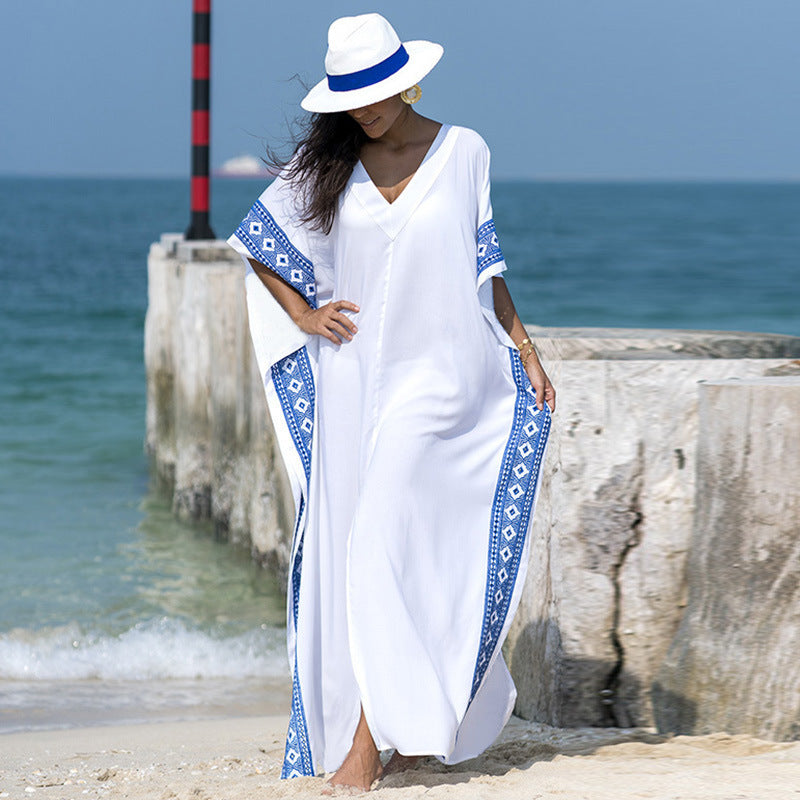 Women Cotton Embroidered Robe Holiday Dress - Mubimart - Robe 