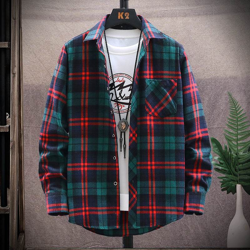 Flannel Brushed Plaid Slim Fit Long Sleeved Shirt - Mubimart