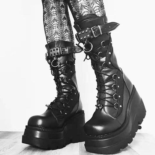 Lace-Up Combat Boot Motorcycle Black Bucke Chunky Boots For Women Winter Shoes - Mubimart