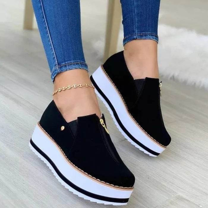 Zipper Flat Shoes Slip On Platform Loafers Women - Mubimart