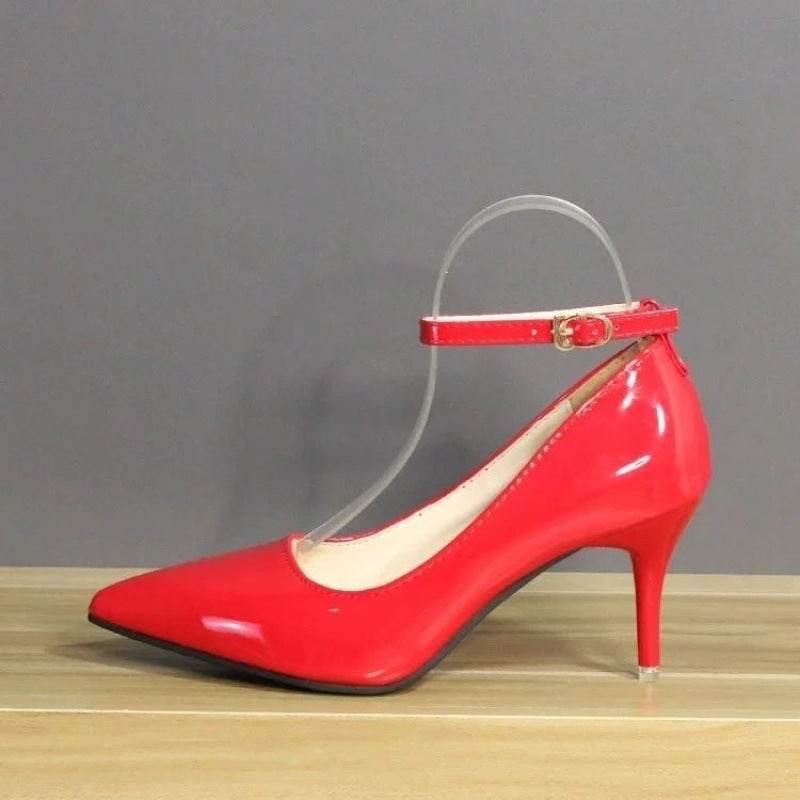 Plus Size One Word Buckle High Heels Female Patent Leather Stilettos - Mubimart