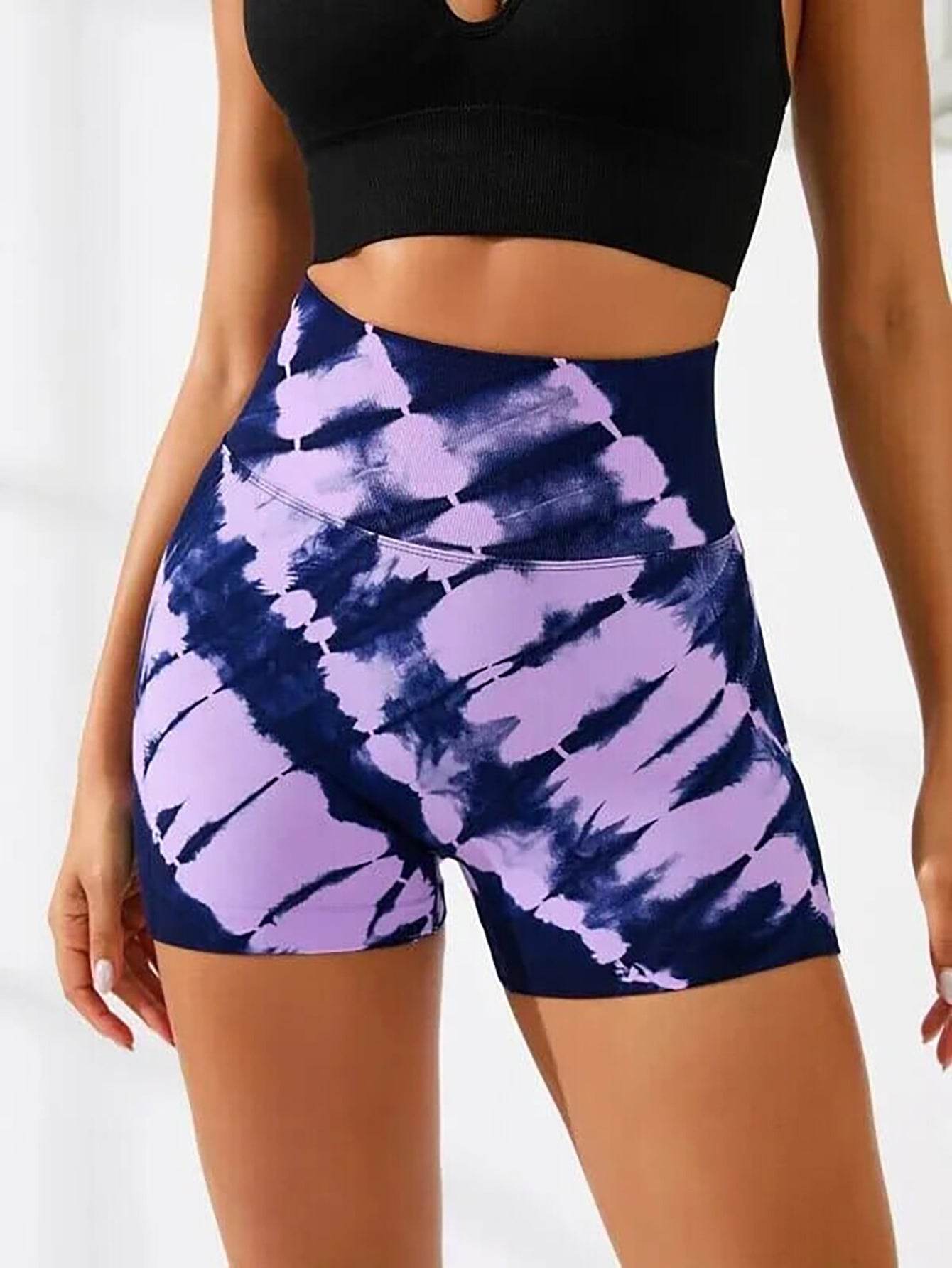 Tie Dye V-Back Yoga Biker Shorts, Elevate Your Workout Style Seamless High Waisted Contour Gym Yoga Biker Shorts - Mubimart