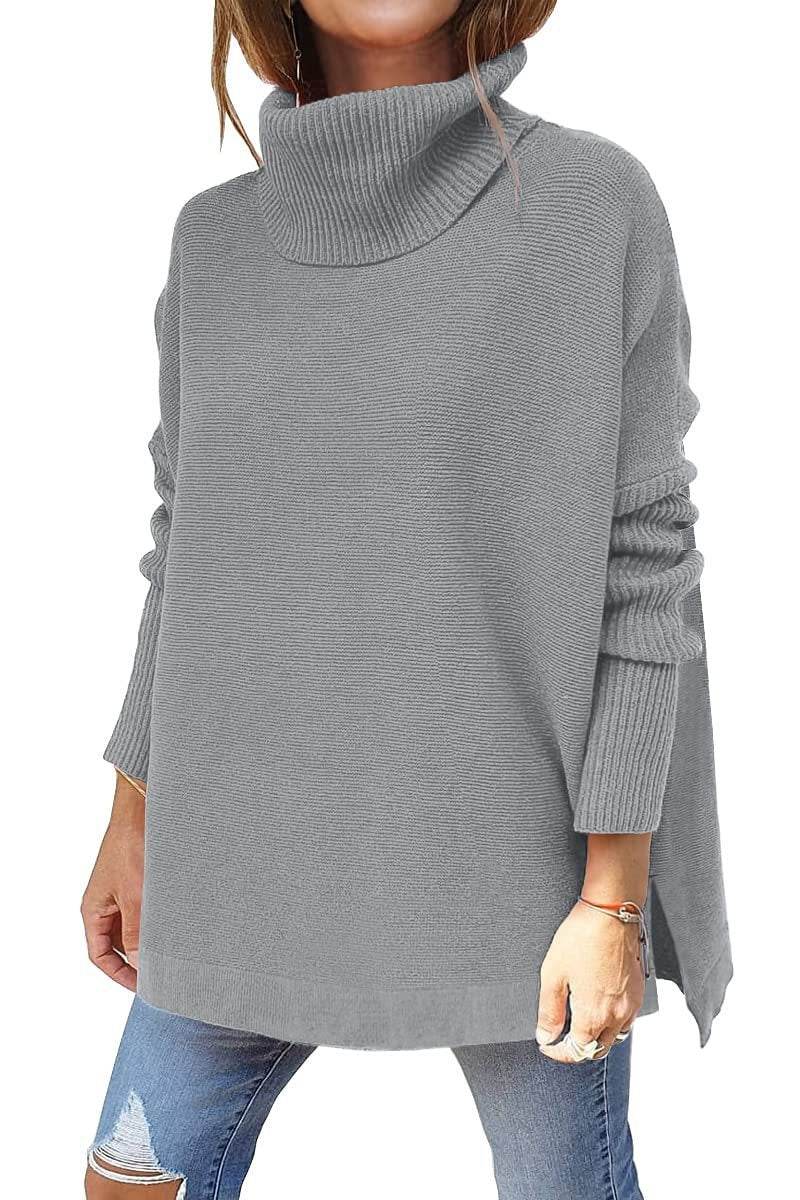 Turtleneck Sweater Mid Length Batwing Sleeve Slit Hem Tunic Pullover Sweaters Winter Tops Women Clothing - Mubimart