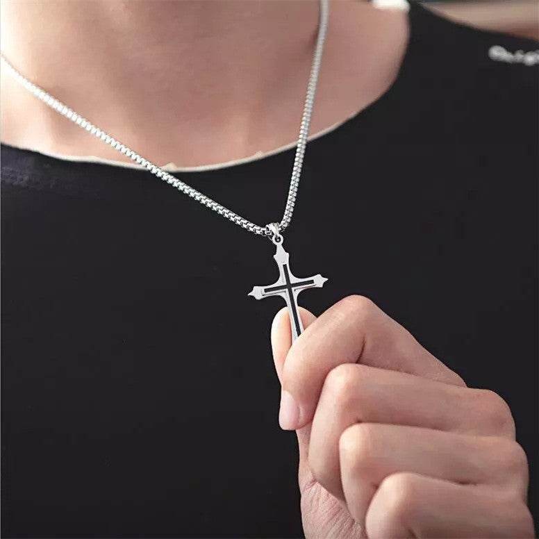 Mens Stainless Steel Cross Shape Pendant Necklace - Mubimart
