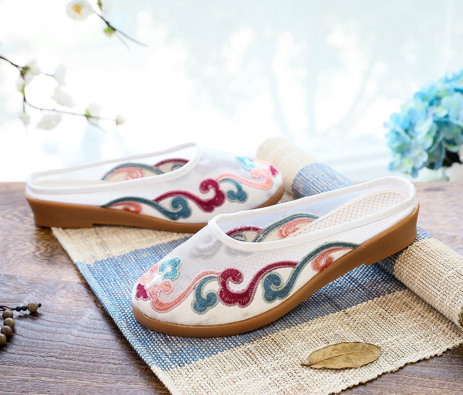 Slippers Mesh Embroidered Cotton Shoes Casual Women Outdoor Slippers - Mubimart