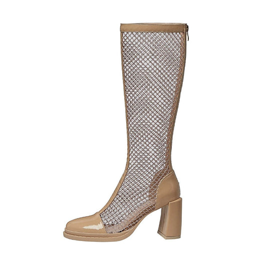 Women's Fashion Round Toe Back Zipper Tall Net Black High Heel Boots - Mubimart
