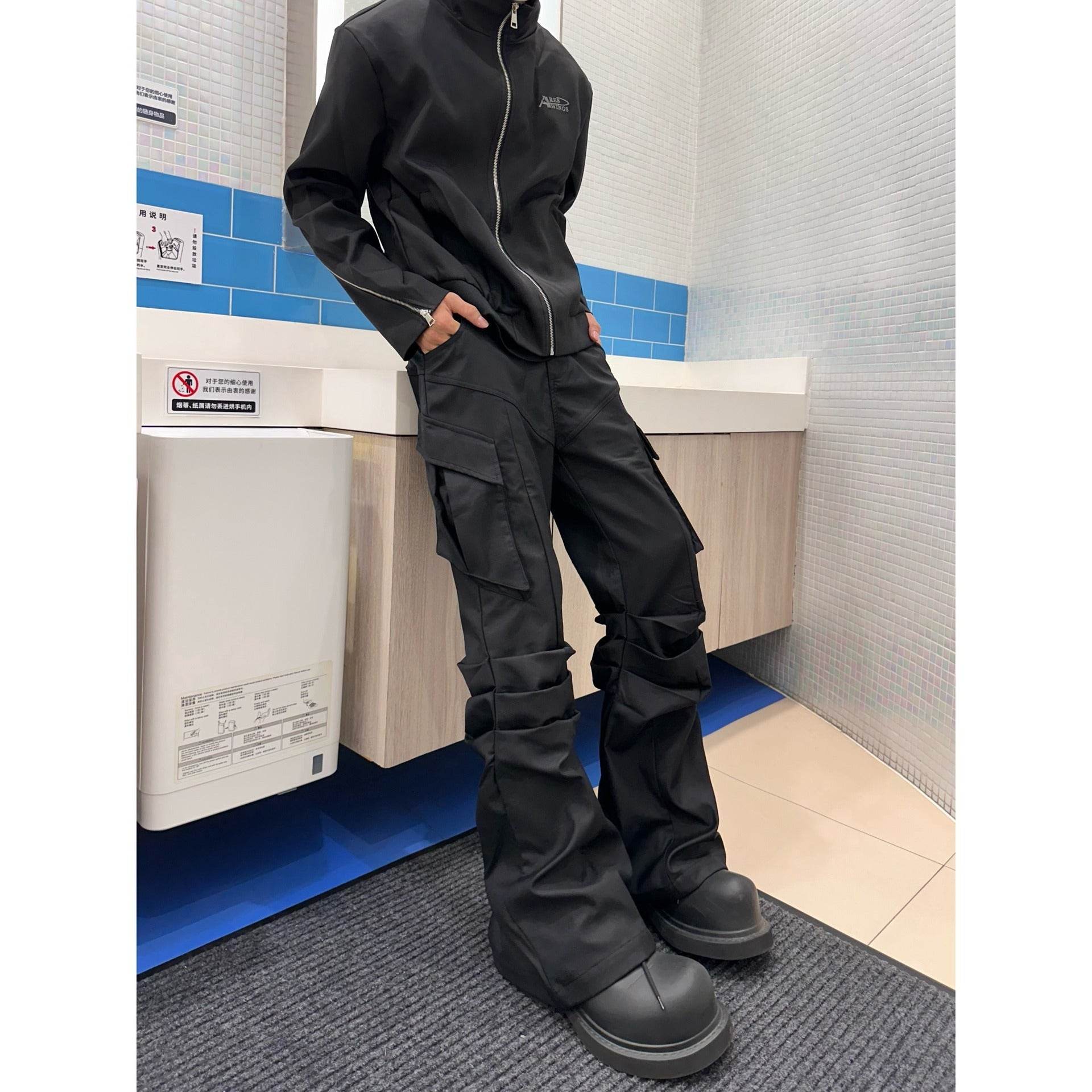 Large Pocket Pleated Black Cargo Pants Men - Mubimart