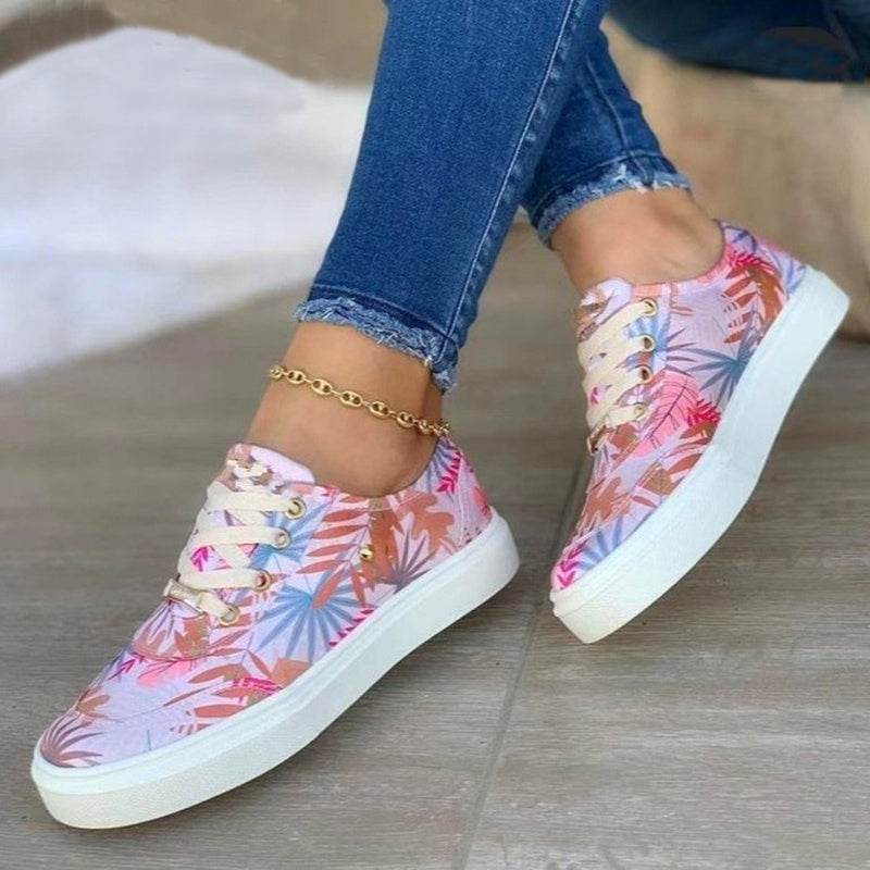 Canvas Shoes For Women Lace-Up Flats Leaves Print Casual Sneakers Round Toe Shoes - Mubimart