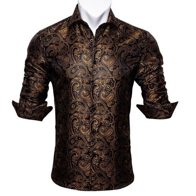 Barry.Wang Teal Paisley Floral Silk Shirts Men Autumn Long Sleeve Casual Flower Shirts For Men Designer Fit Dress Shirt BCY-05 - Mubimart