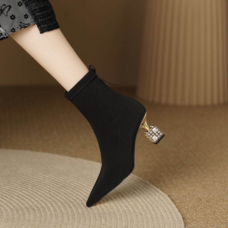Women Pointed Toe Mid-calf High-heeled Skinny Boots - Mubimart