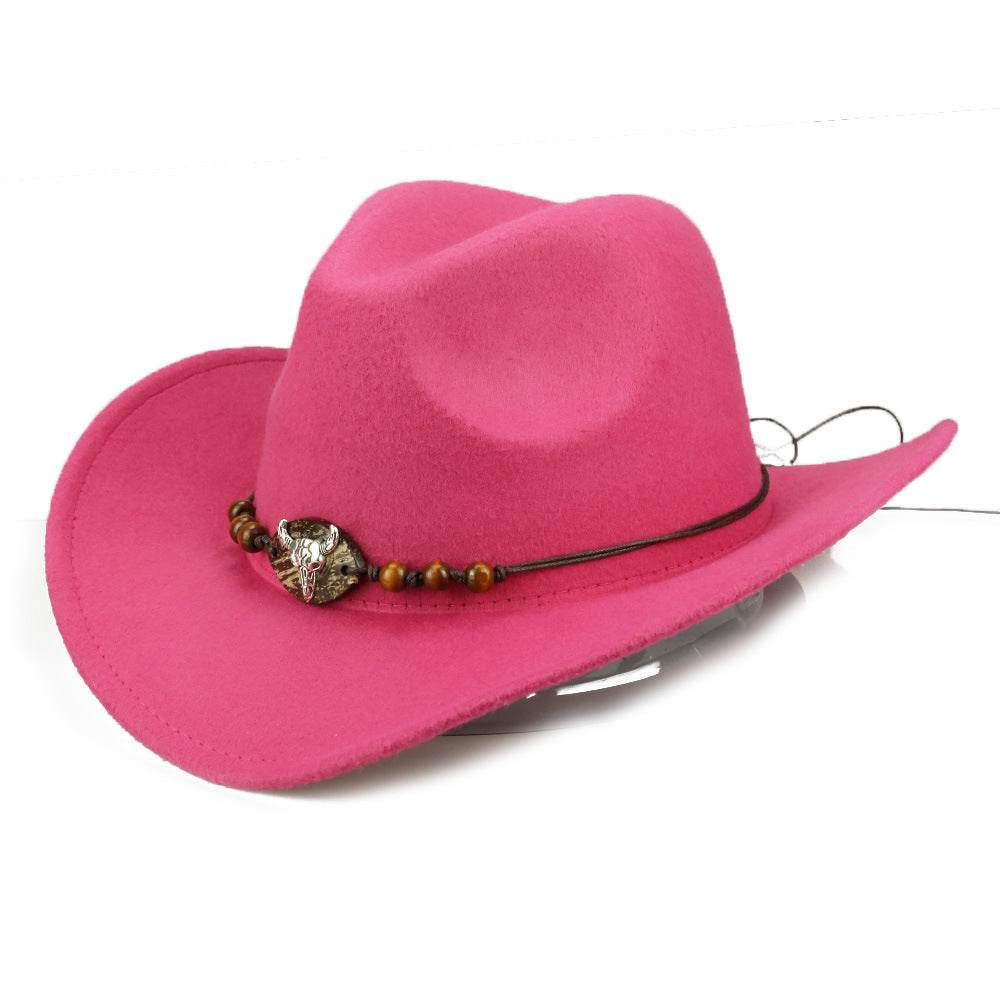 Western Cowboy Hat Wooden Bead Bull Head Fedora Hat - Mubimart