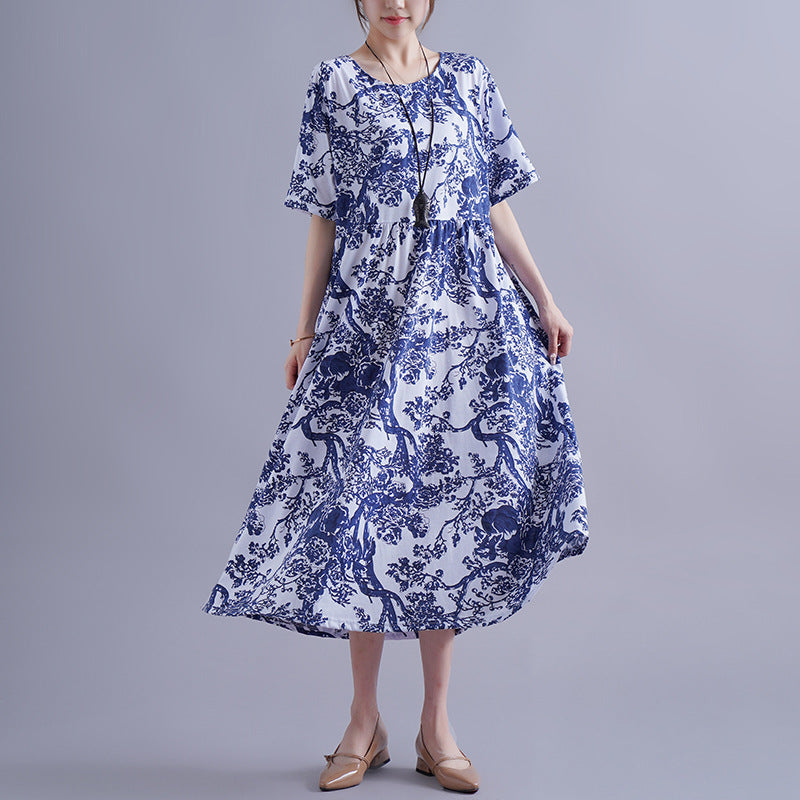 Blue And White Porcelain Robe Plus-sized Loose Dress - Mubimart -  