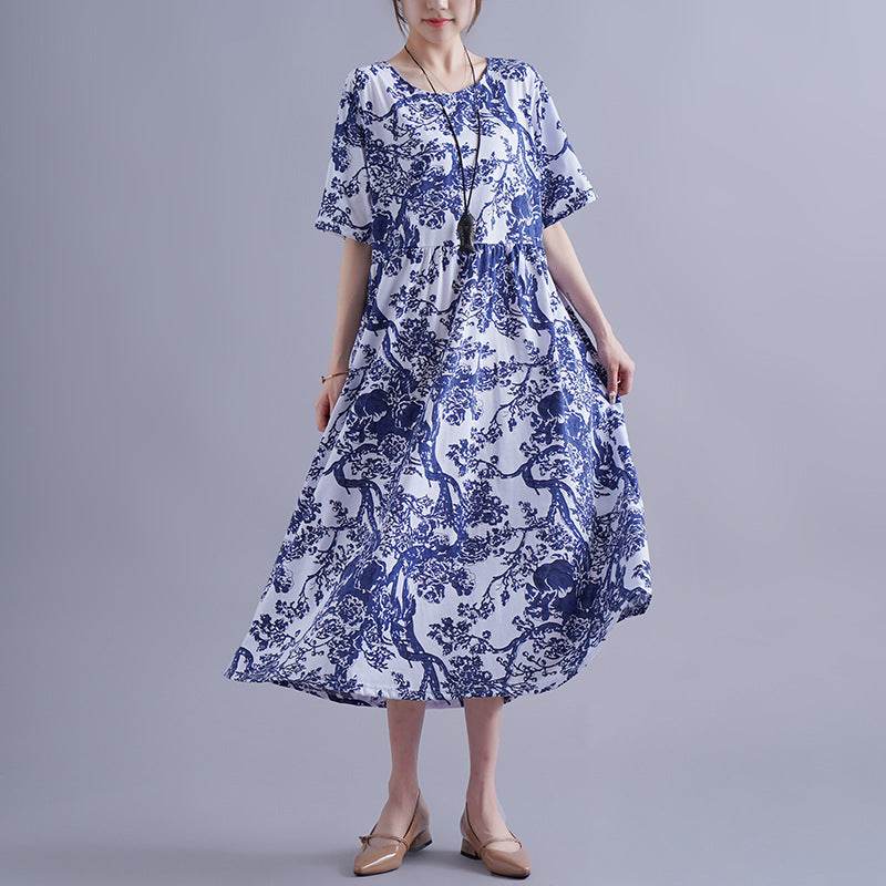 Blue And White Porcelain Robe Plus-sized Loose Dress - Mubimart