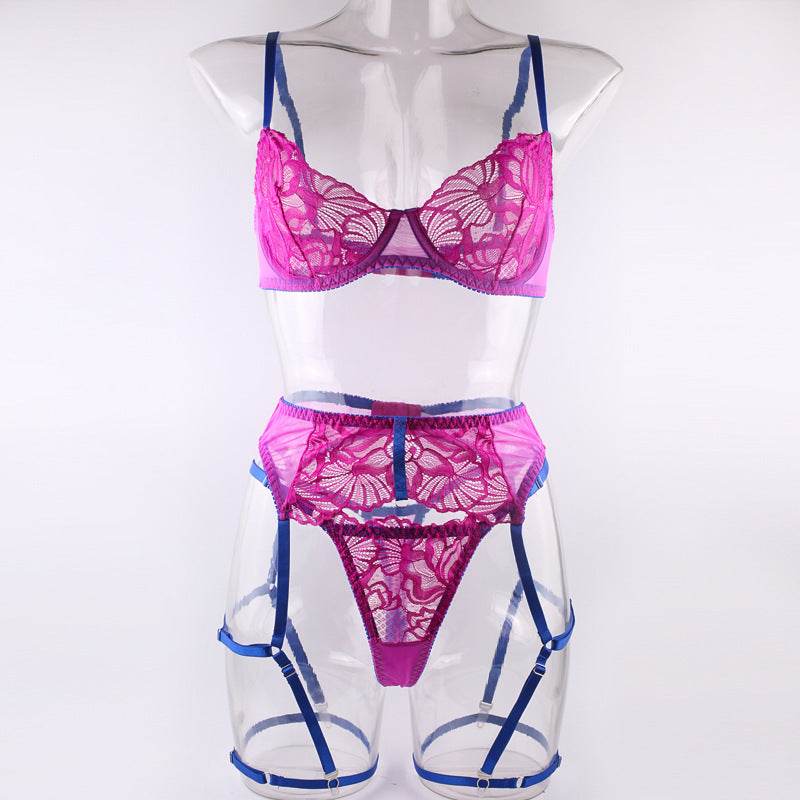 Lace Contrast Color Belt Leg Ring Garter Underwear Set - Mubimart