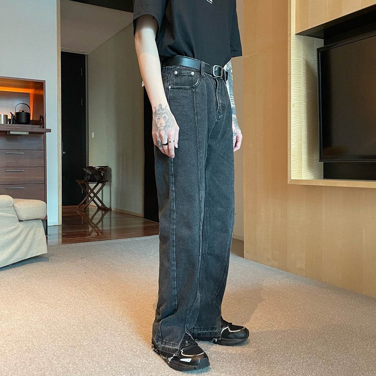 Straightleg Slit Jeans Mens Tide Brand Ins Oldfashioned Raw Edge Wideleg Pants - Mubimart