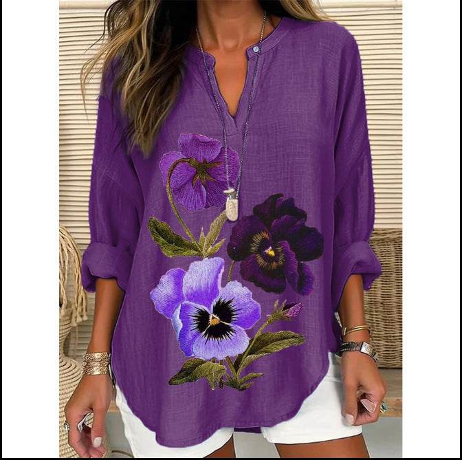 Loose Printed Neck Casual Plus Size Pullover - Mubimart