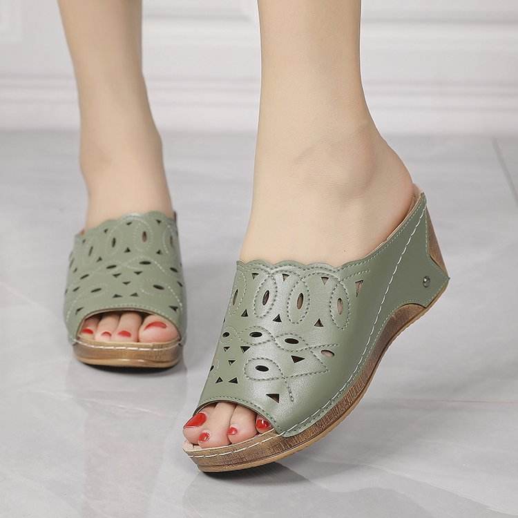 Women's Stylish Peep Toe Slip-on Wedge Sandal - Mubimart
