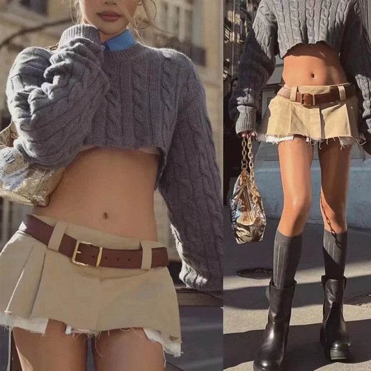 Fake Two-piece Low-waisted Workwear Pleated Skirt - Mubimart
