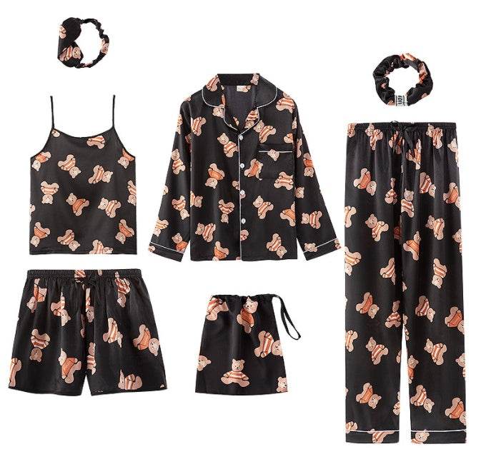 Simulated Silk Striped Seven-piece Loungewear - Mubimart