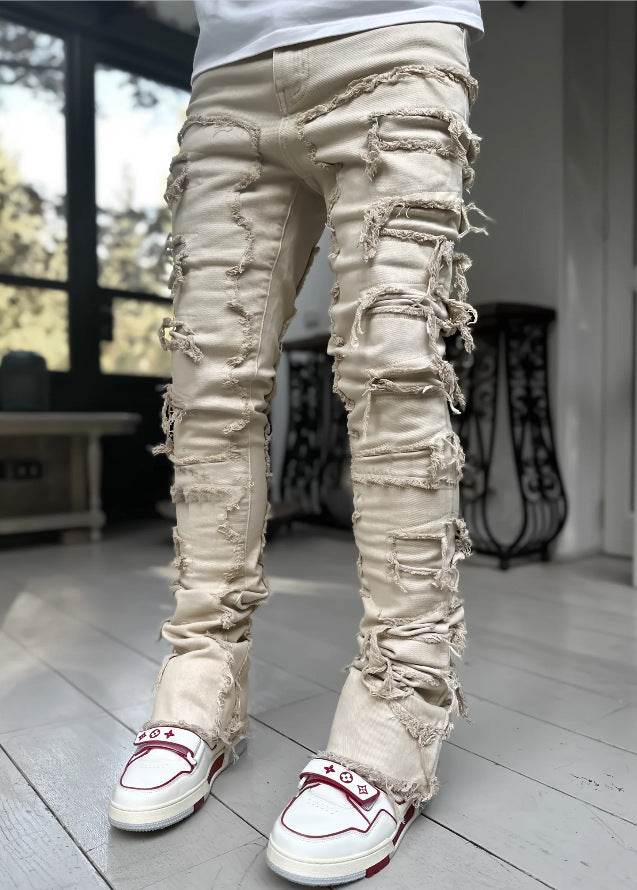 Men Trousers Individual Patched Pants Long Tight Fit Stacked Jeans For Mens Clothing - Mubimart