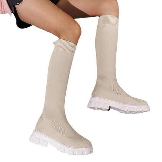 Women's Flyweaving Breathable Thick-soled Tall Skinny Boots - Mubimart